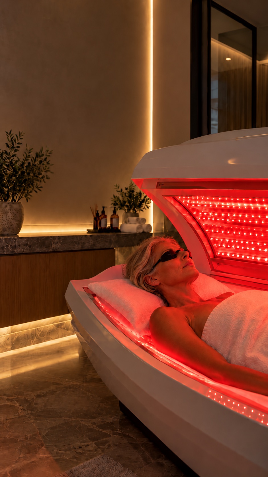 A guest resting on the red light bed with eye protection