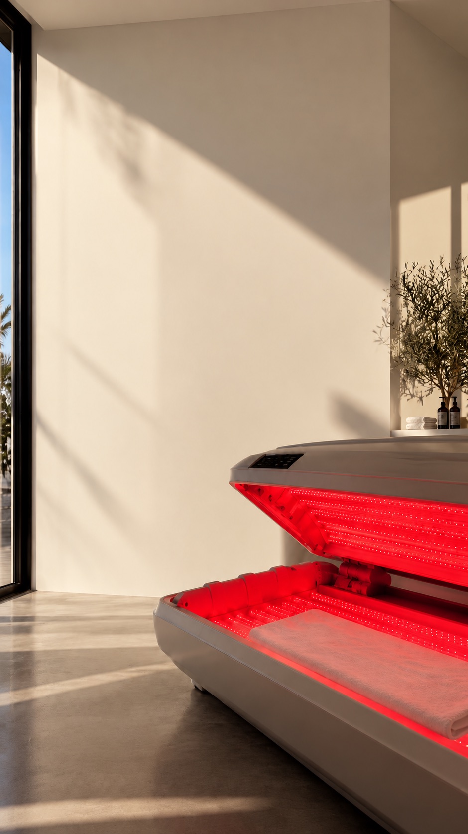 The full-body red light bed at EBO2 Therapy and Wellness, lid open and glowing red
